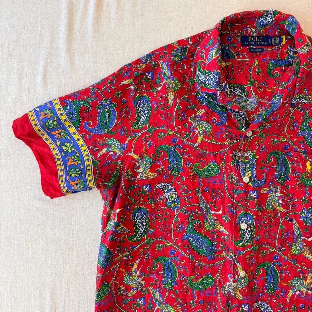 Polo Ralph Lauren Paisley Crane Linen Button Down Shirt Mens Large Red